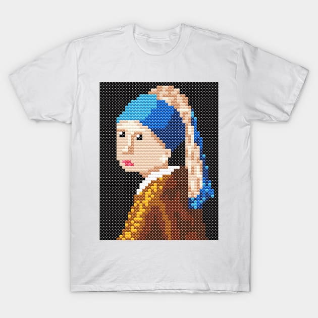 Girl with a Pearl Earring by Johannes Vermeer. Pixel Art T-Shirt by designgoodstore_2